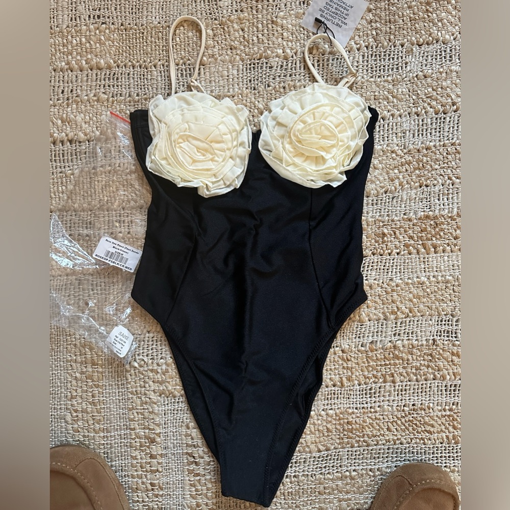 SAME Los Angeles Rose One Piece Swimsuit (Faux Suede Black/Cream) Size M